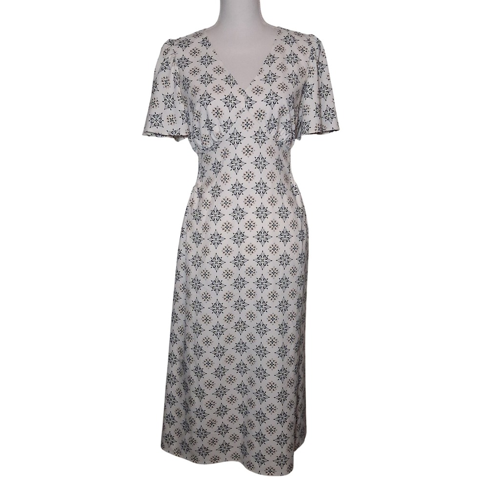 NWOT Ann Taylor Factory White Geometric Tile Print V-Neck Midi Dress S Boho Chic